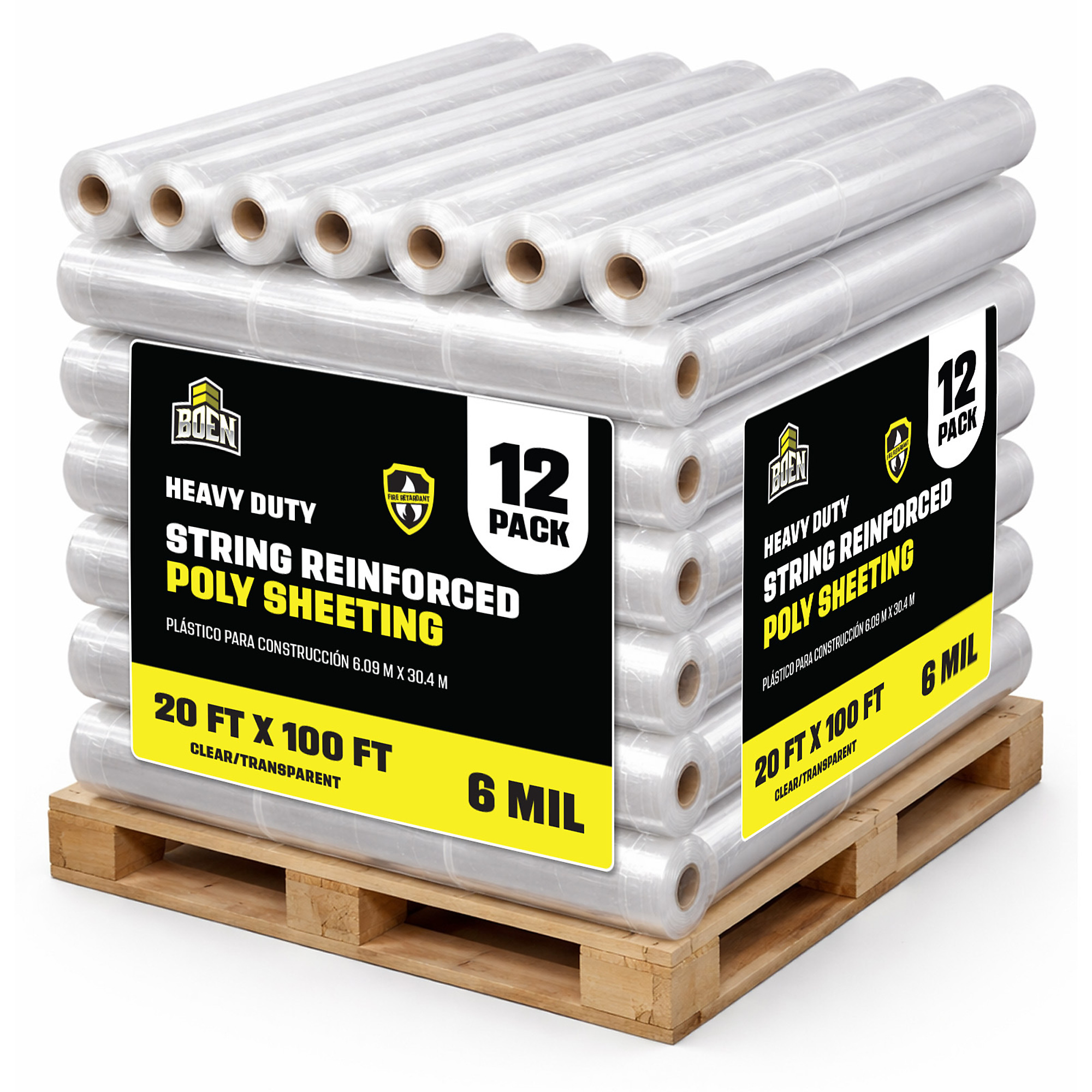 Boen Fire Retardant String Reinforced Plastic Sheeting 20 ft x 100 ft, 12-Pack, 6 Mil Heavy-Duty for Dust Containment, Vapor Barrier & Jobsite Protection